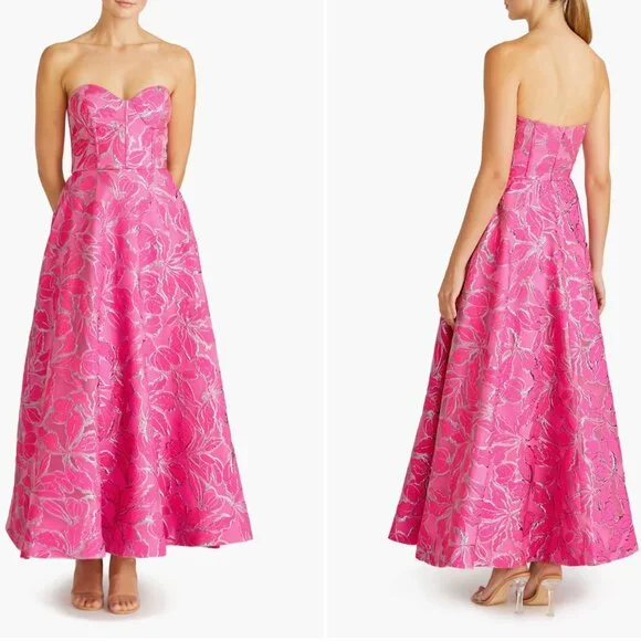 Like NEW ML Monique Lhuillier Amelia Strapless Floral Jacquard Gown Sz 12 - Picture 2 of 9
